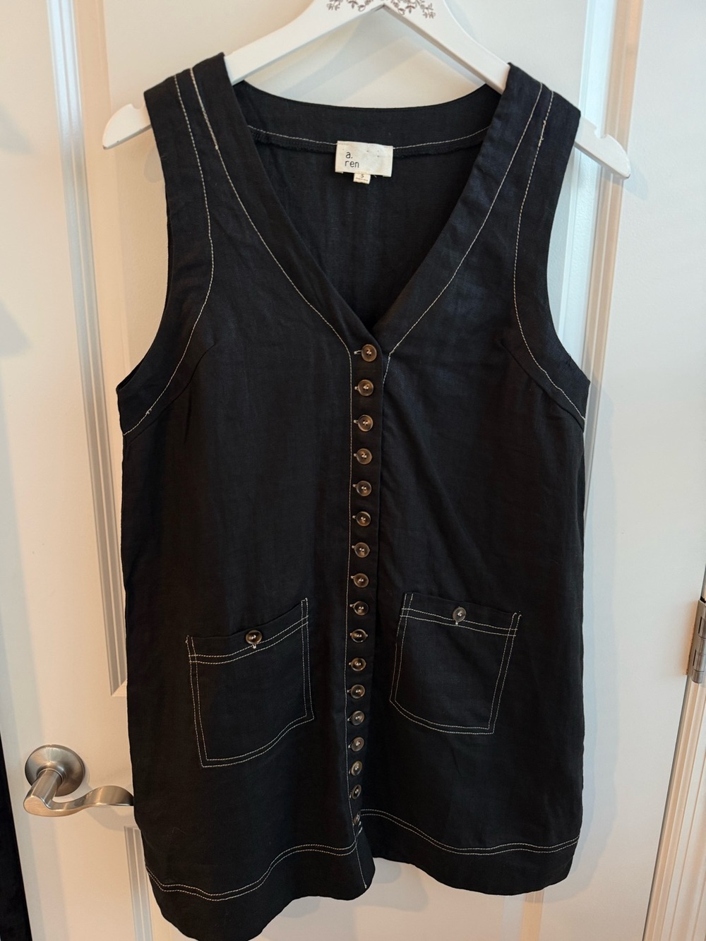 A. Ren 100% Linen Mini Dress Contrast Stitch Buttons Coastal Preppy Summer Small